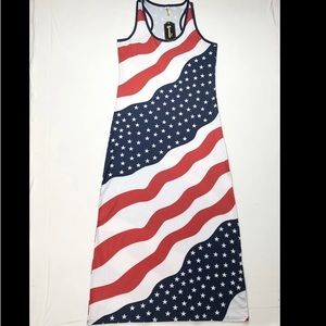 NWT Shoreline Red White & Blue Flag Long Sleeveless Razor Back Dress Size S.